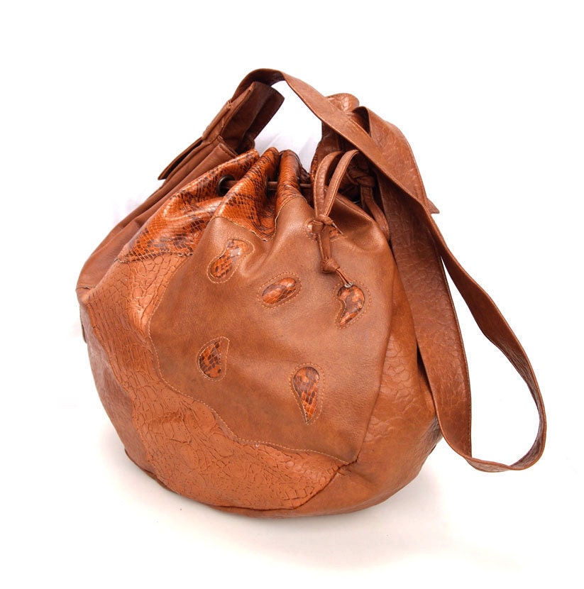 Daphne, French Vintage, 1970s Tan Satchel, Snakeskin Drawstring Bag, Handbag from Paris - dandeliondaydreamer