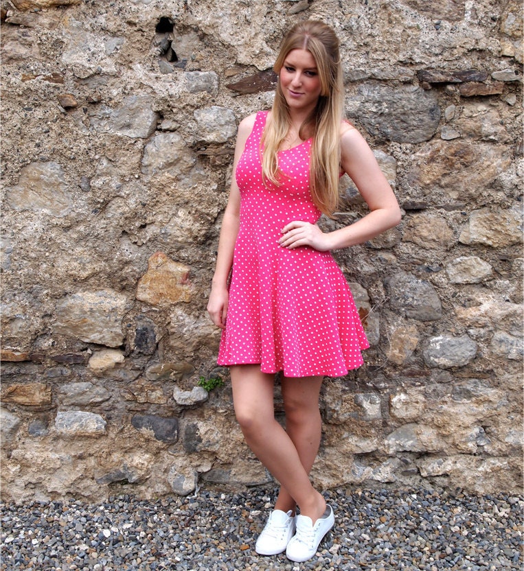 Jessica, French Vintage, Pink Polka Dot Mini Dress with Low Scoop Back from Paris