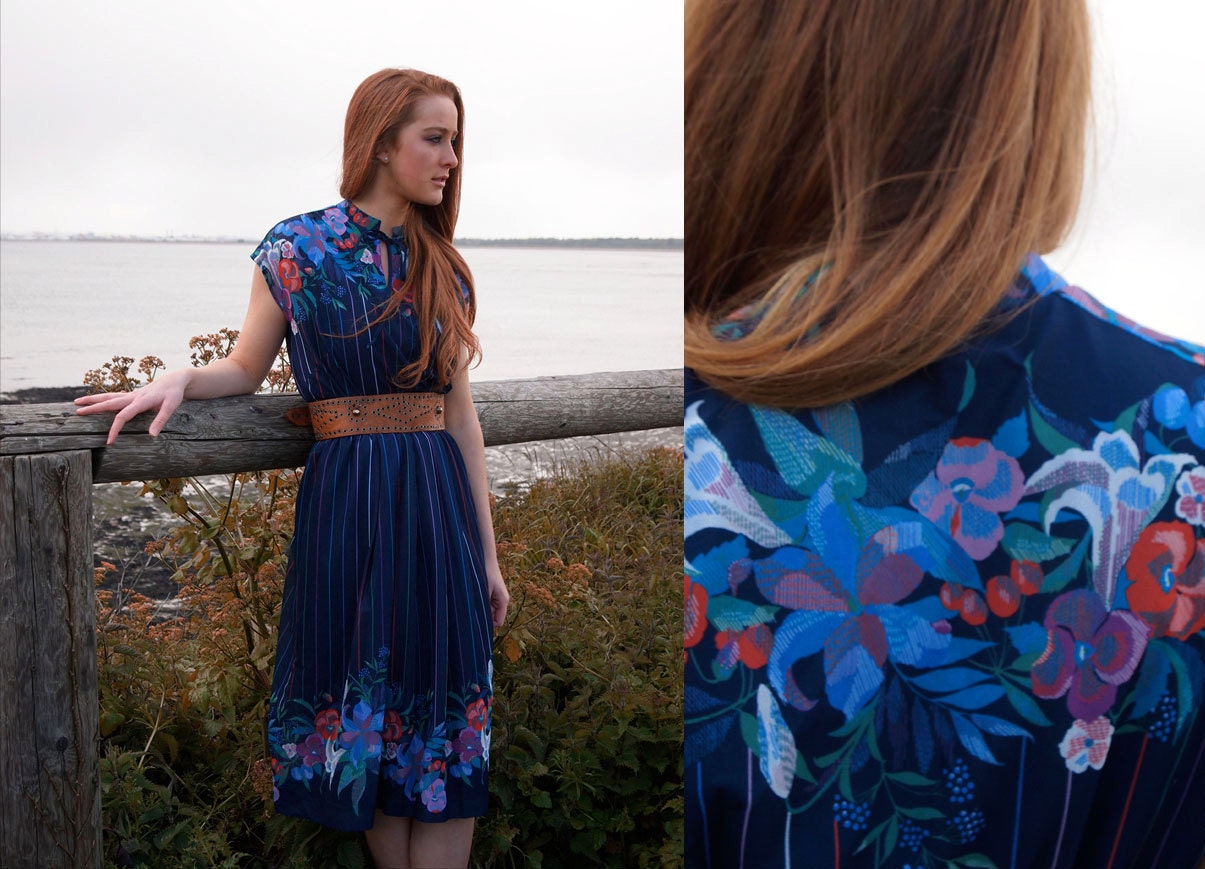 Cleo, French Vintage, 1970s Navy Blue Floral Midi Dress, from Paris