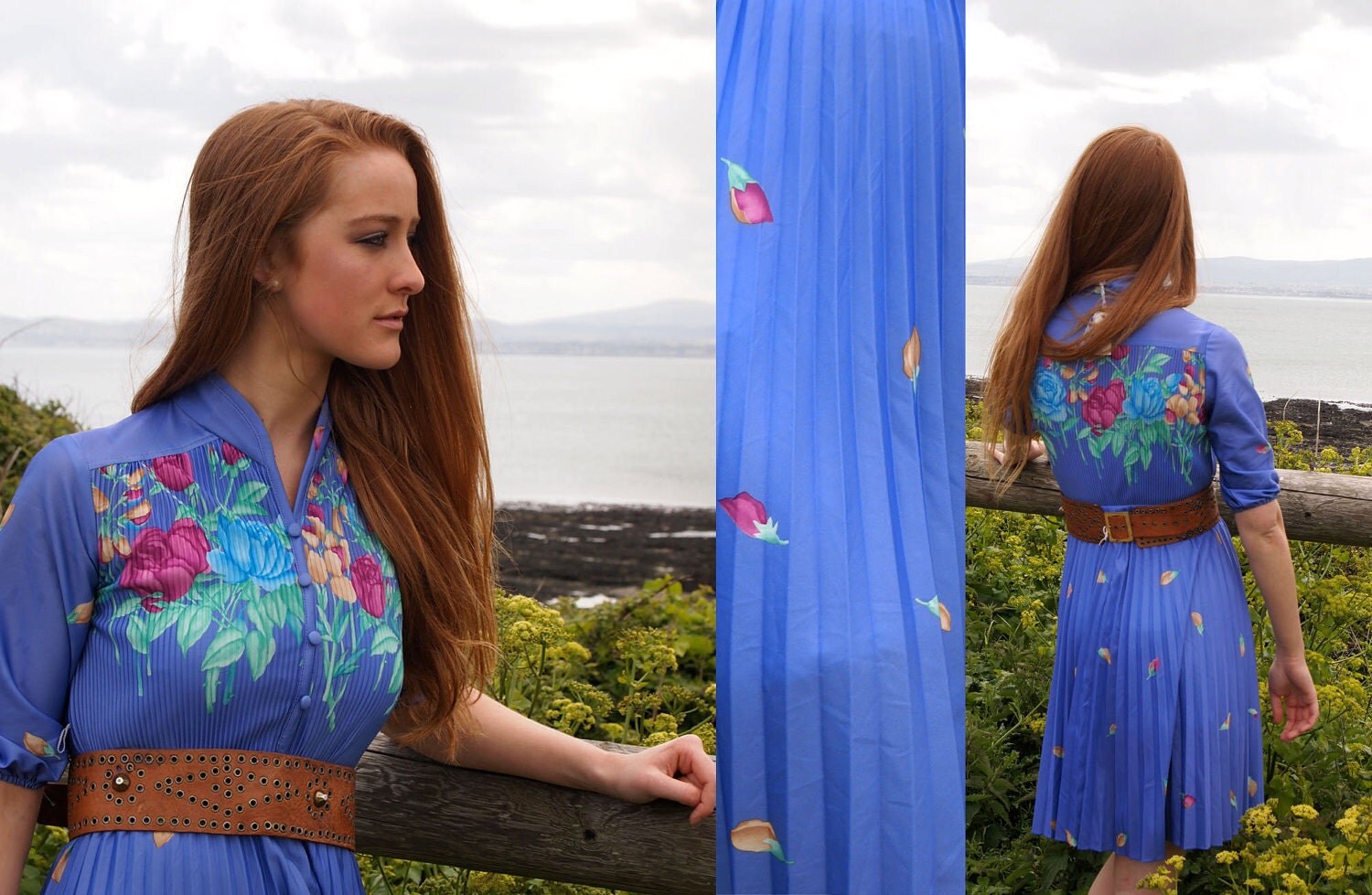 Viola, French Vintage, 1970s Purple Floral Pleated Mini Dress, from Paris