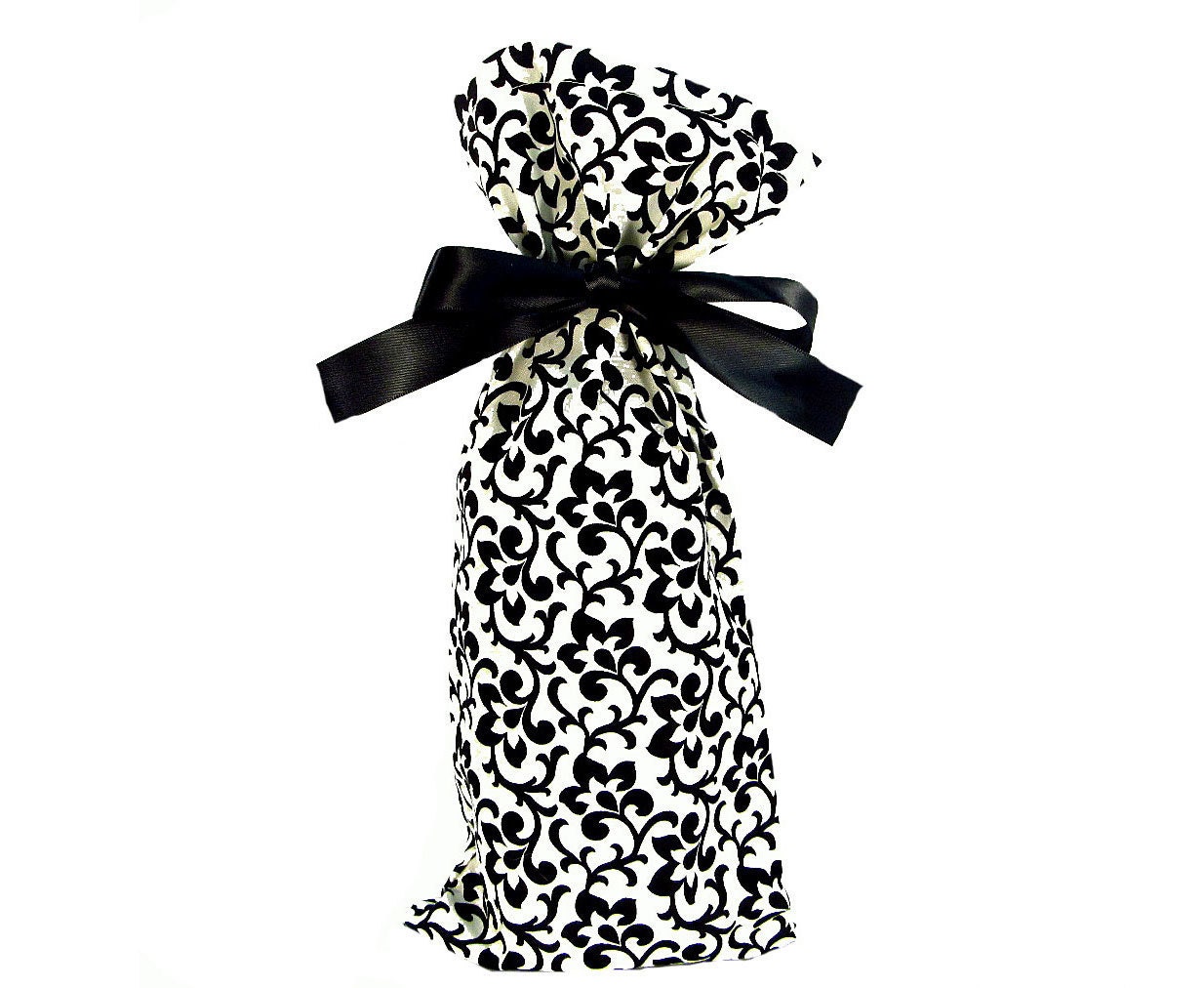 Cloth Wine Bottle Bag in Black and White Vine Fabric