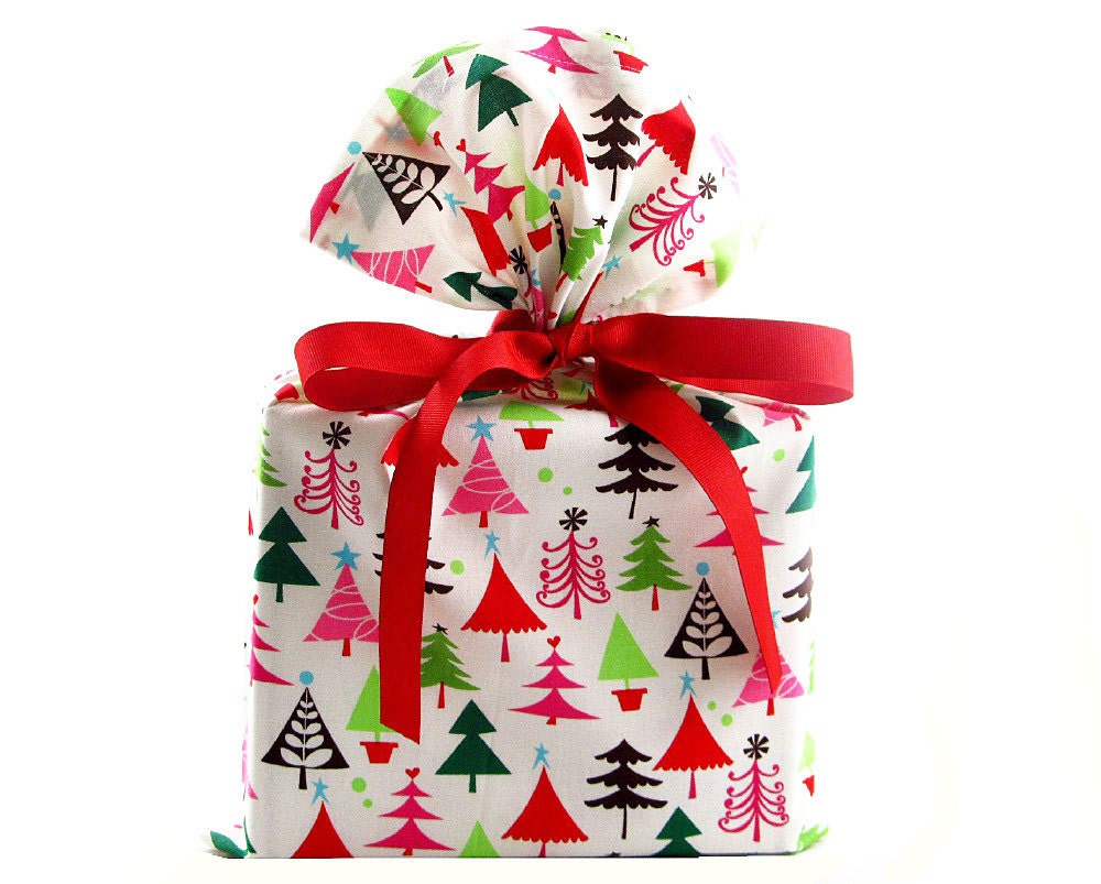 ON SALE -- Reusable Christmas Gift Bag with Multi-Colored Trees - VZWraps