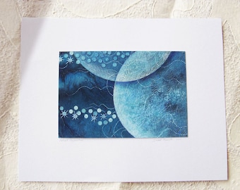Original painting Monaco Blue Watercolor  OOAK  Moon planet - Astral Conjunction