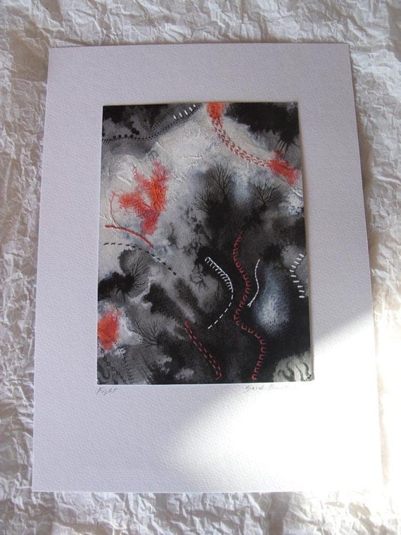 Original painting Abstract  Black and white  watercolor collage mixed media - Fight