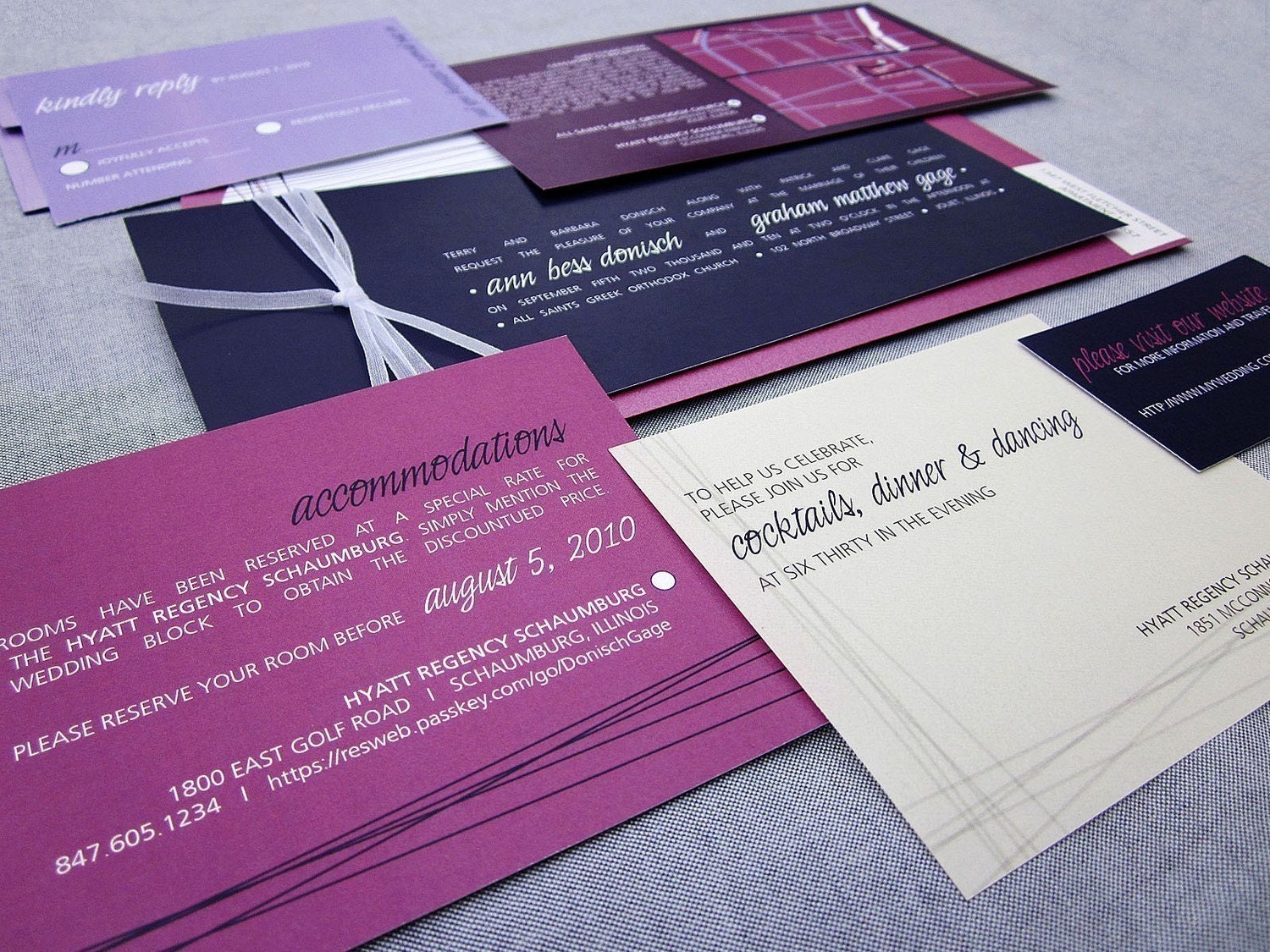 Modern Wedding Invitation Shown in Eggplant, Fuschia and Lilac with White Ribbon - SAMPLE