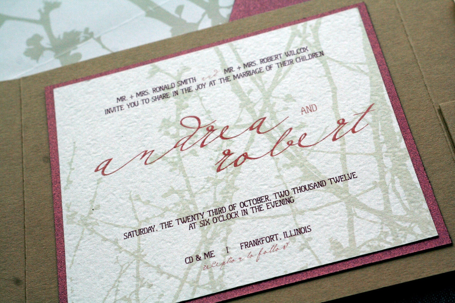 Woodland Chic Rustic Wedding Invitation shown in Burgundy, Chocolate, Gold, and Cream, Build-Your-Invite Collection - DEPOSIT