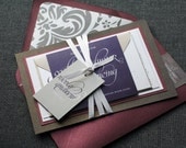 Dramatic Script Modern Wedding Invitation shown in Eggplant, Grey and White, Build-Your-Invite Collection - DEPOSIT