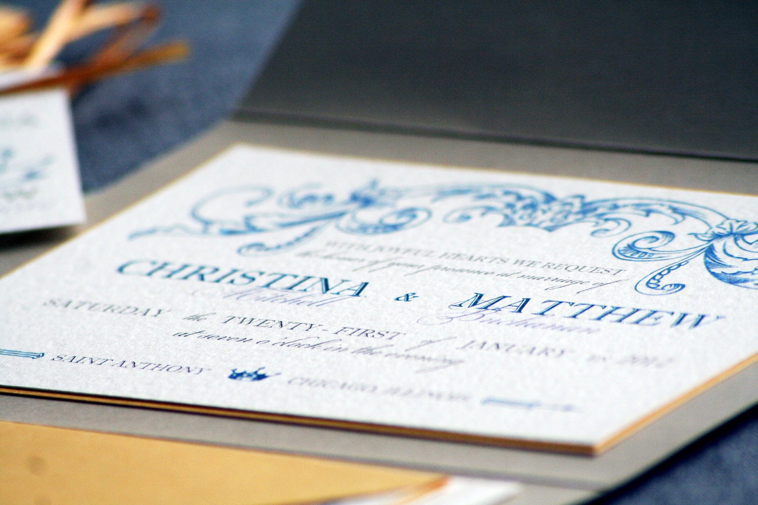Romantic French Country Vintage Wedding Invitation shown in Light Blue, Gold and Cream, Build-Your-Invite Collection - DEPOSIT