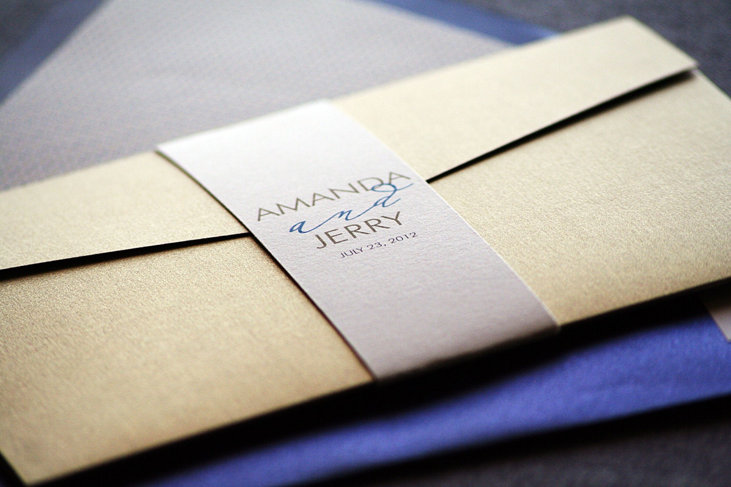Modern Calligraphy Wedding Invitation shown in Sapphire Blue, Gold, Grey and Cream, Build-Your-Invite Collection - DEPOSIT