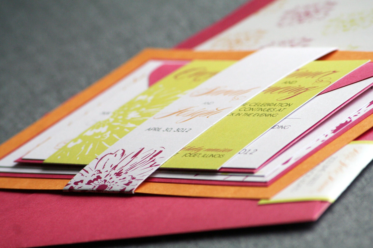 Modern Dramatic Tropical Wedding Invitation shown in Hot Pink, Orange and Lime Green, Build-Your-Invite Collection - SAMPLE