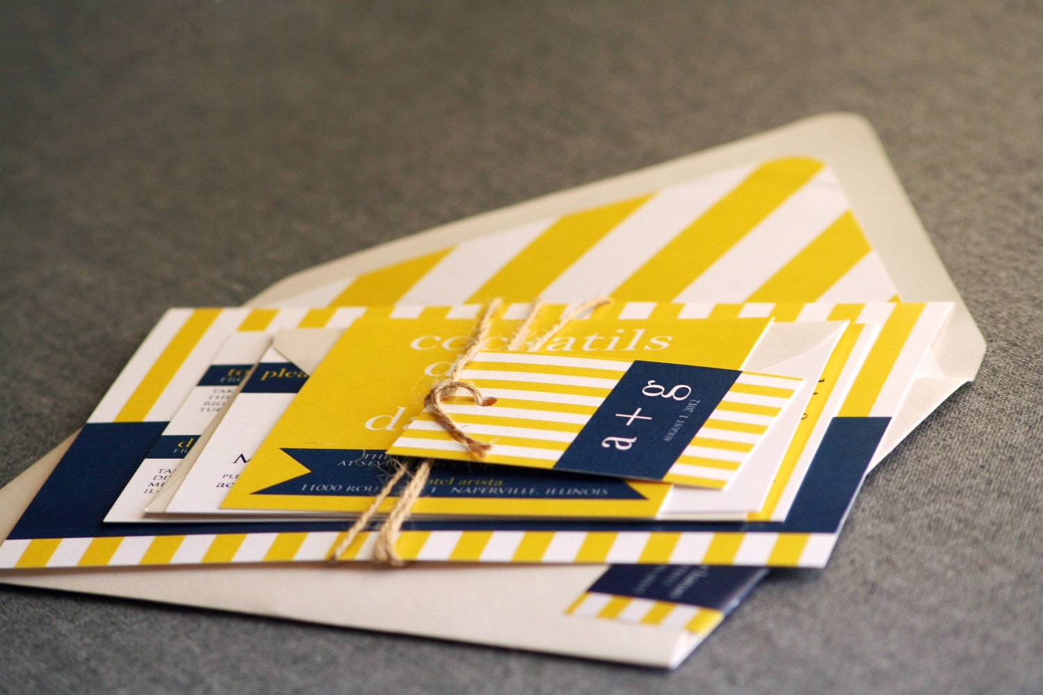 Preppy Chic Striped Wedding Invitation shown in Navy Blue, Yellow and White, Build-Your-Invite Collection - DEPOSIT
