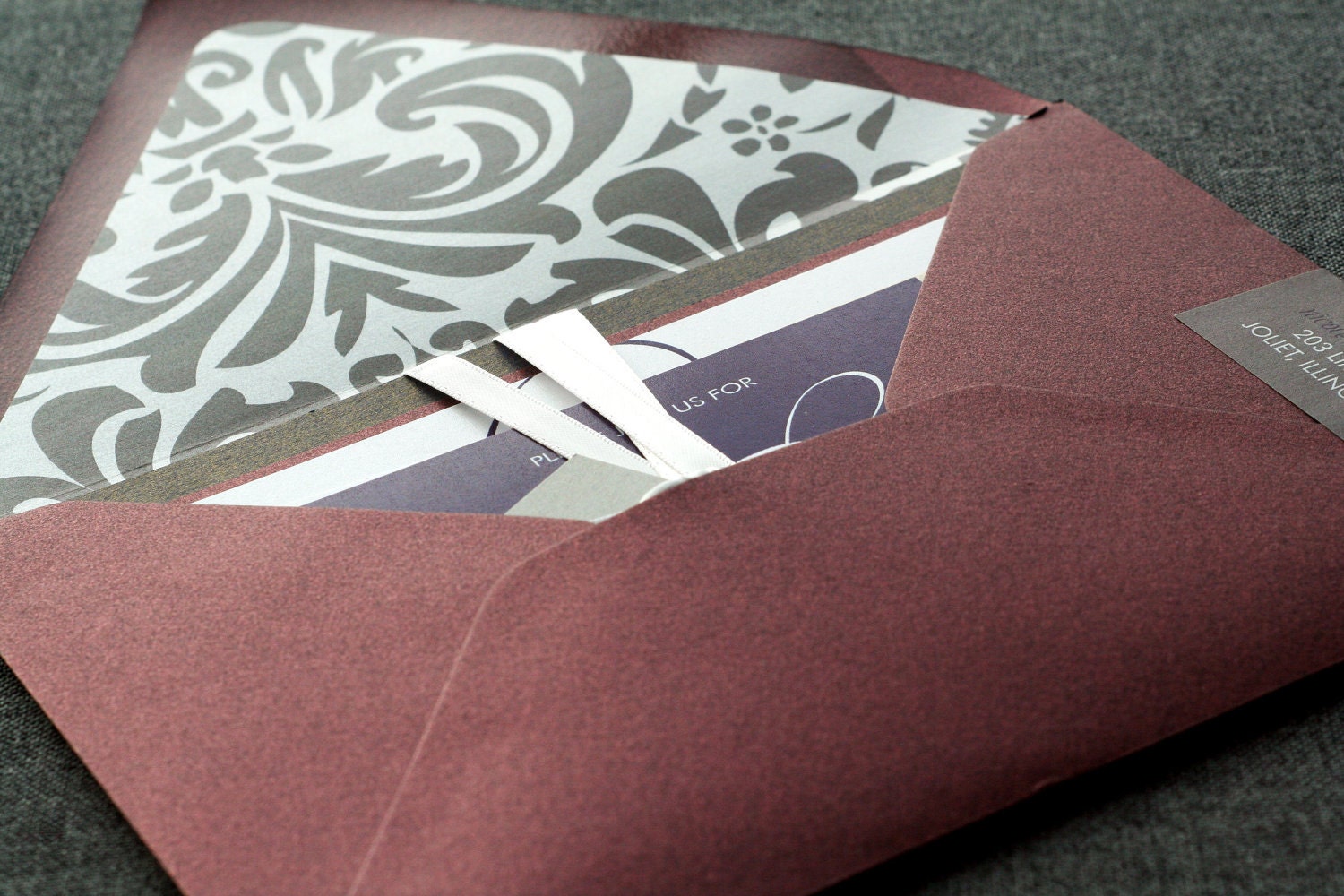 Dramatic Script Modern Wedding Invitation shown in Eggplant, Grey and White, Build-Your-Invite Collection - DEPOSIT