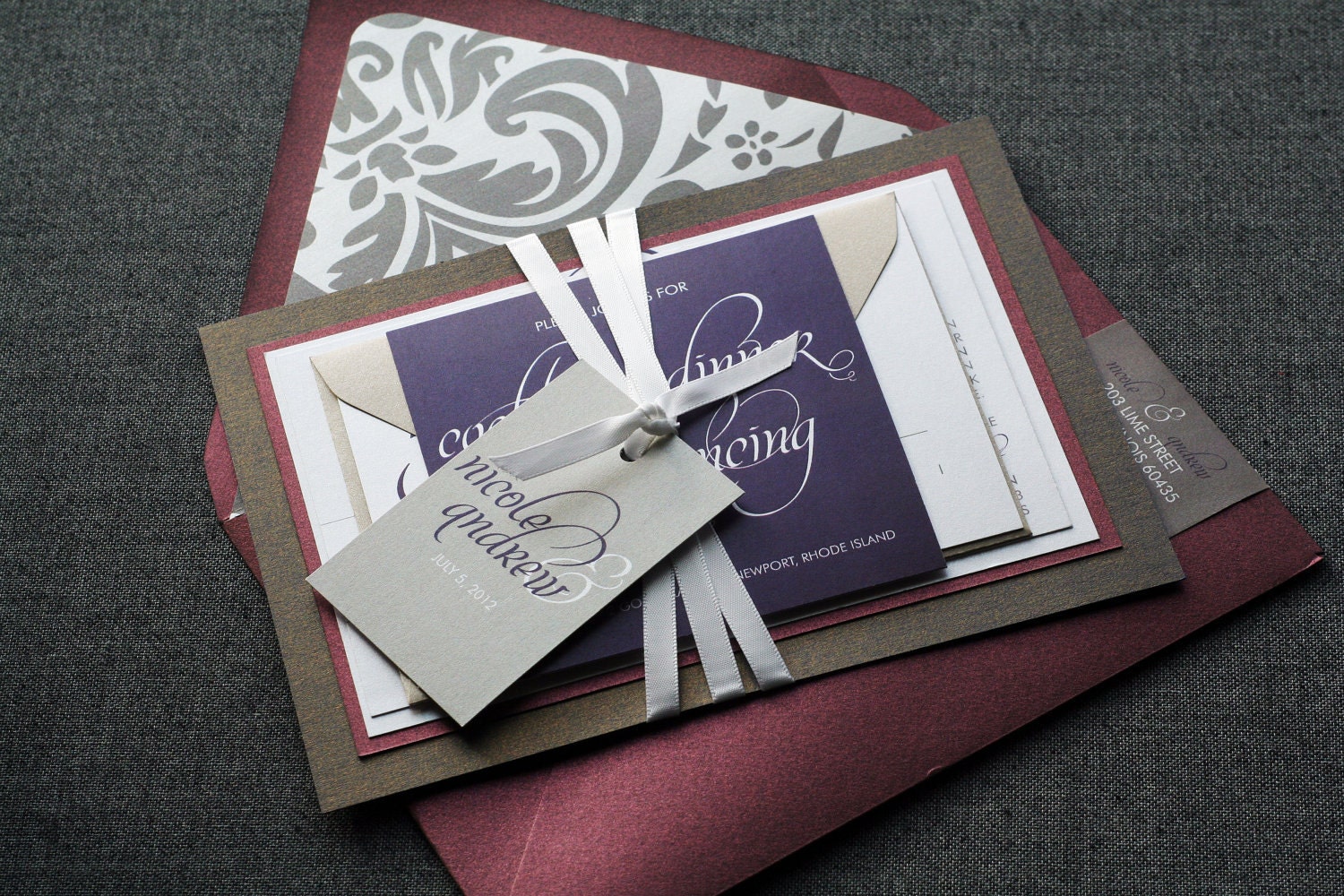 Dramatic Script Modern Wedding Invitation shown in Eggplant, Grey and White, Build-Your-Invite Collection - DEPOSIT