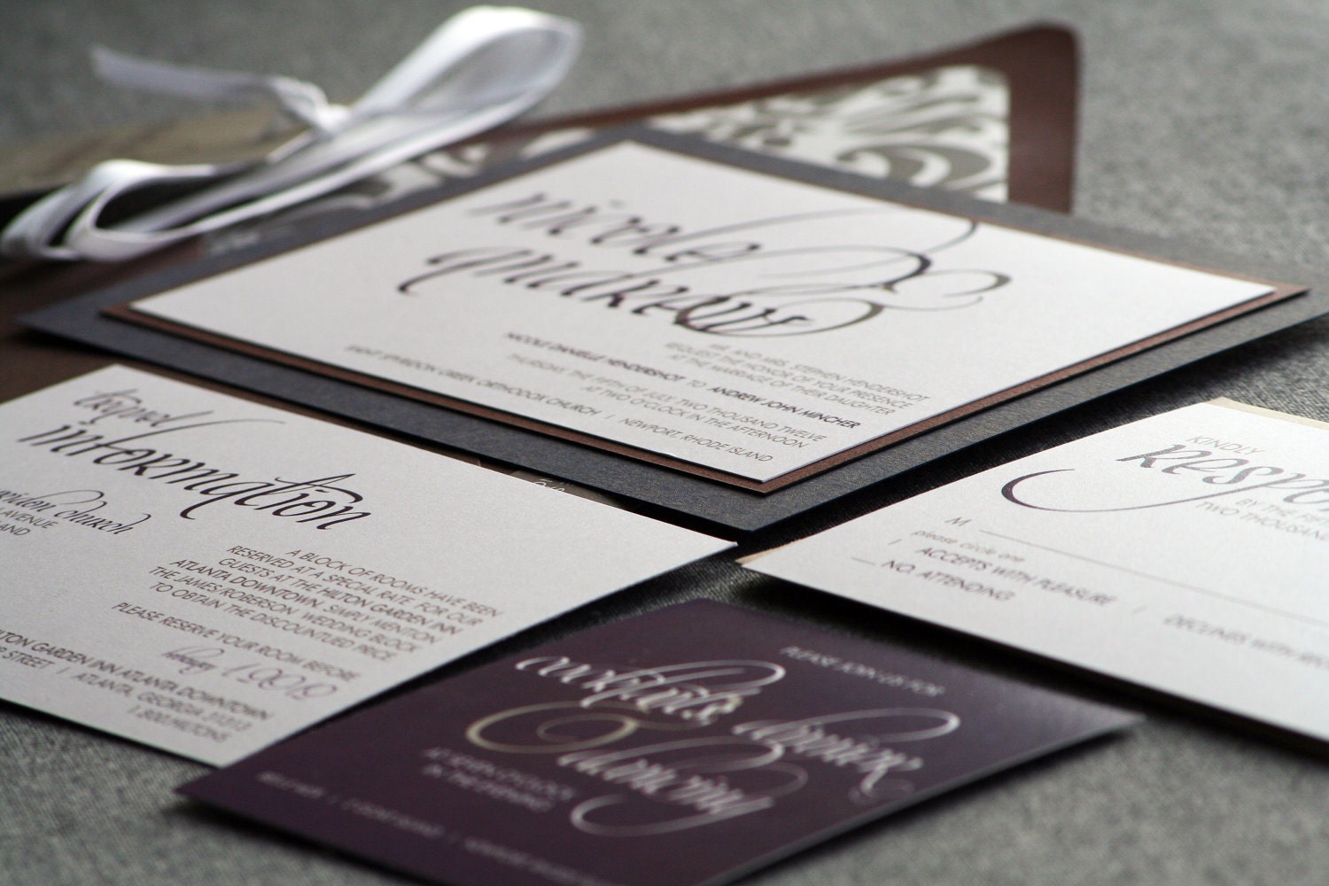 Dramatic Script Modern Wedding Invitation shown in Eggplant, Grey and White, Build-Your-Invite Collection - DEPOSIT