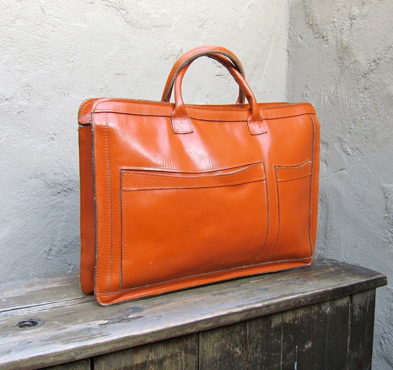 Vintage Orange Tan Glazed Leather Satchel Briefcase