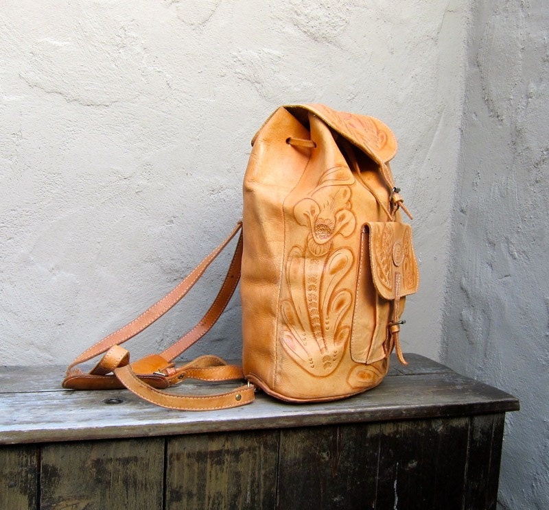 Vintage Hand Made Tooled Distressed Tan Leather Large Rucksack Backpack