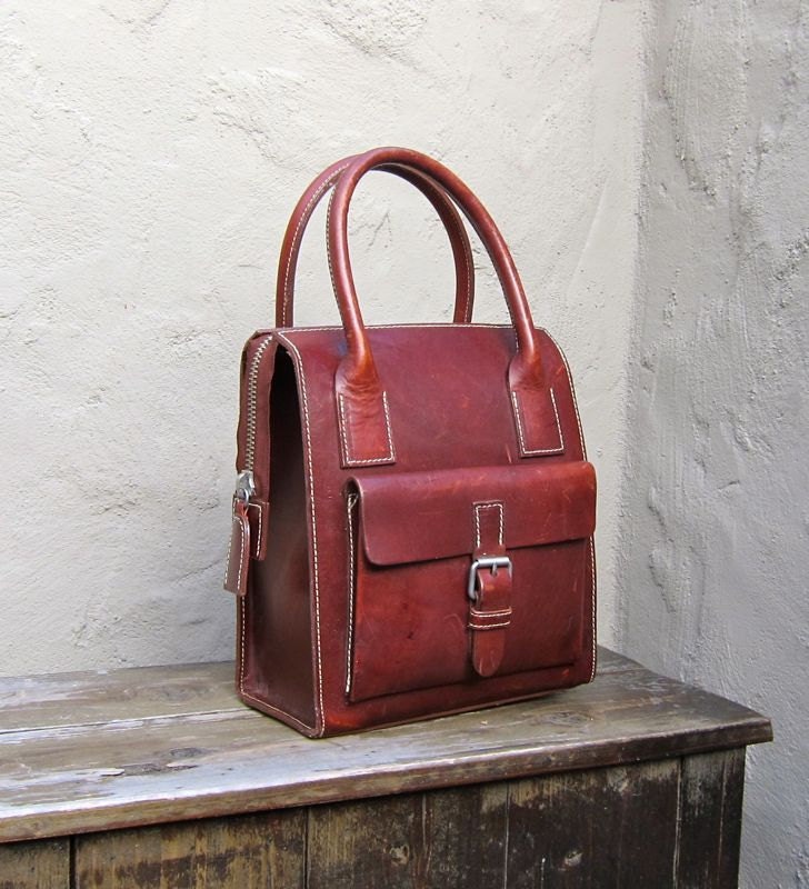 Vintage Structured Chocolate Brown Satchel Tote w/Cream Saddle Stitching