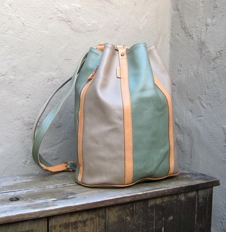 Vintage Color Block Taupe and Sea Foam Green Drawstring Knapsack