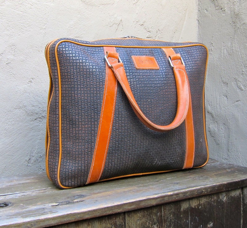 Vintage Ted Lapidus Paris Satchel Coated Canvas and Tan Leather Laptop Work Bag