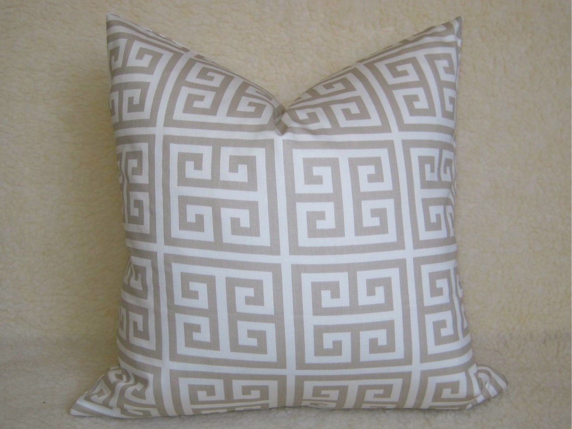 Designer Decorative Greek Key Pillow - Squares - Tan - Soft Beige - White - 18 inch - BOTH SIDES - Decorative Pillow - Throw Pillow