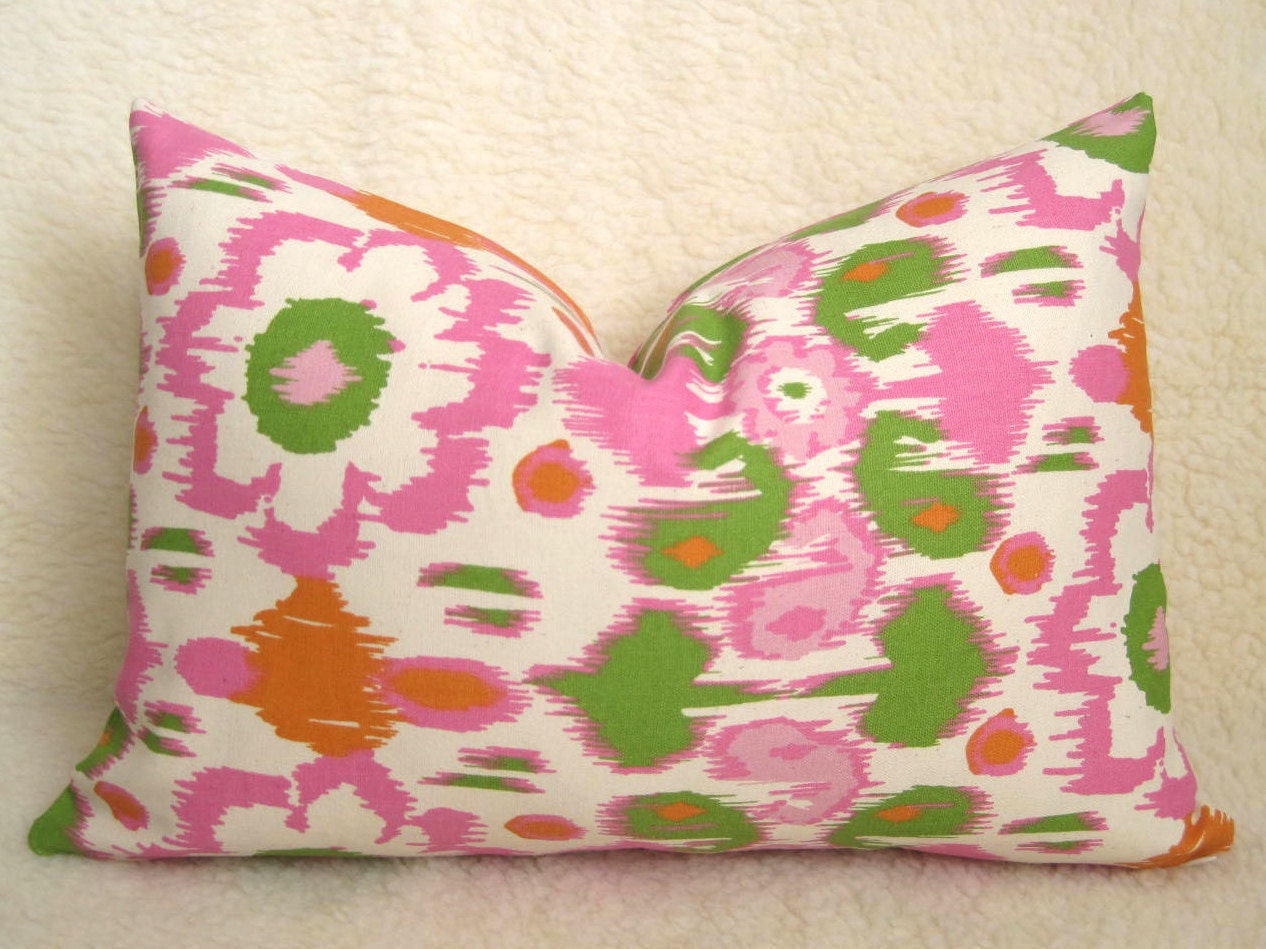 Floral Ikat Decorative Pillow - Pink - Orange - Green - Cream - 12x18 inch - BOTH SIDES - Designer Pillows - Ikat Pillow - Lumbar Pillow