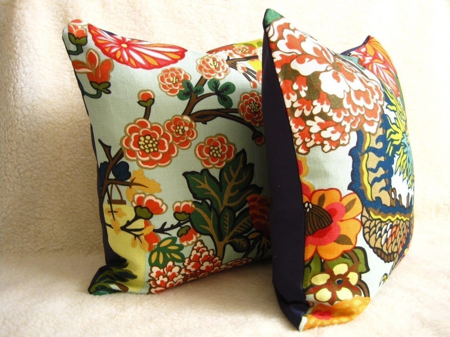Chiang Mai Dragon Pillows - F. Schumacher - Pair of 18 inch - Aquamarine - Zipper Enclosure - Designer Fabric - Chinoiserie