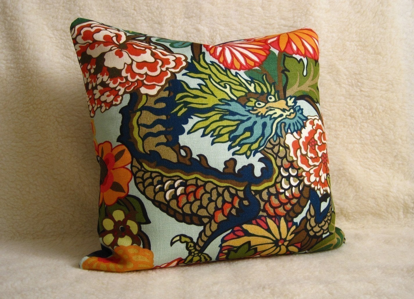 Chiang Mai Dragon Pillows - F. Schumacher - Pair of 18 inch - Aquamarine - Zipper Enclosure - Designer Fabric - Chinoiserie