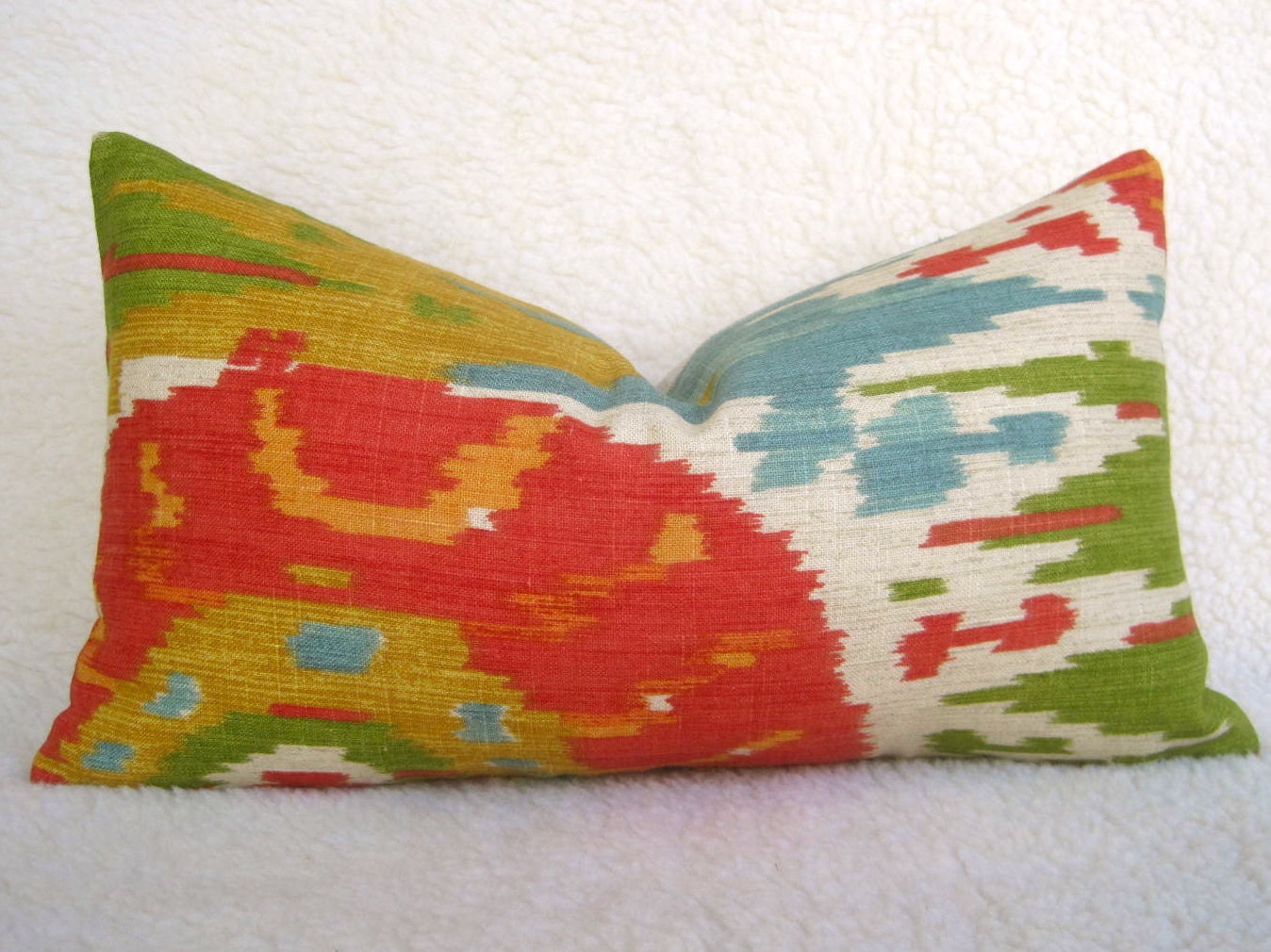 Ikat Suzani Medallion Linen Designer Decorative Pillow - Red Green Gold Blue - 10x18 inch - IKAT - Throw Pillow - Accent Pillow