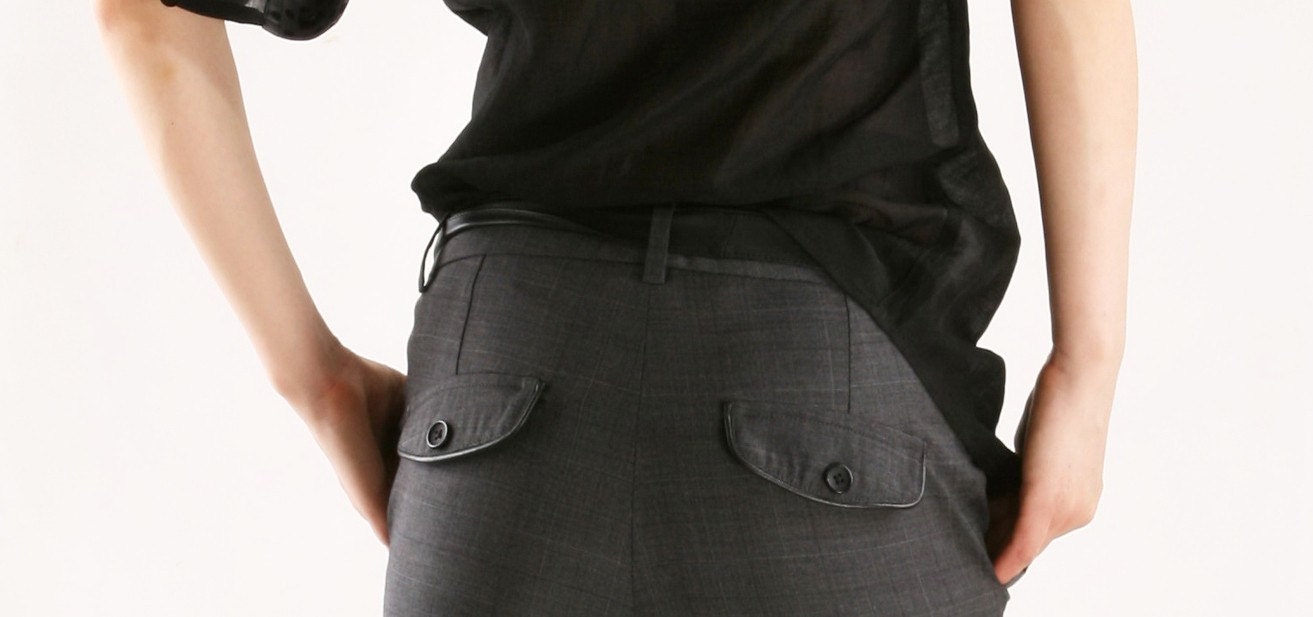 Grey plaid pants with leather belt