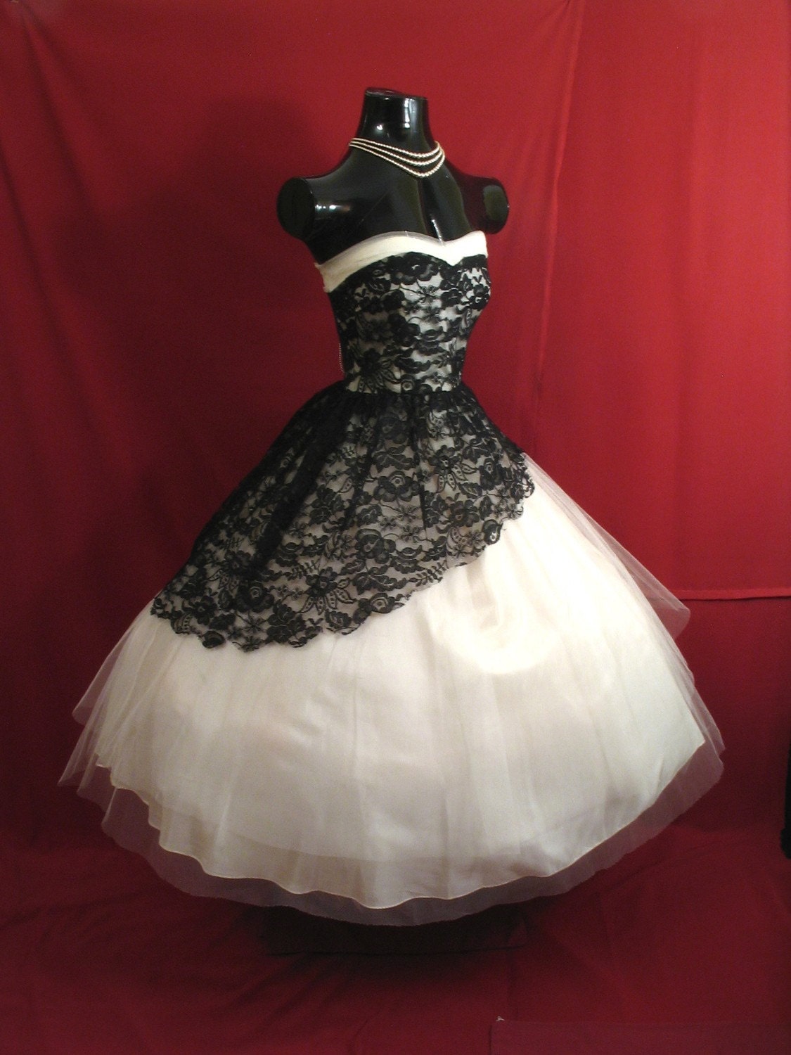Vintage 1950's 50s STRAPLESS Black White Lace Tulle Party Prom Wedding Dress