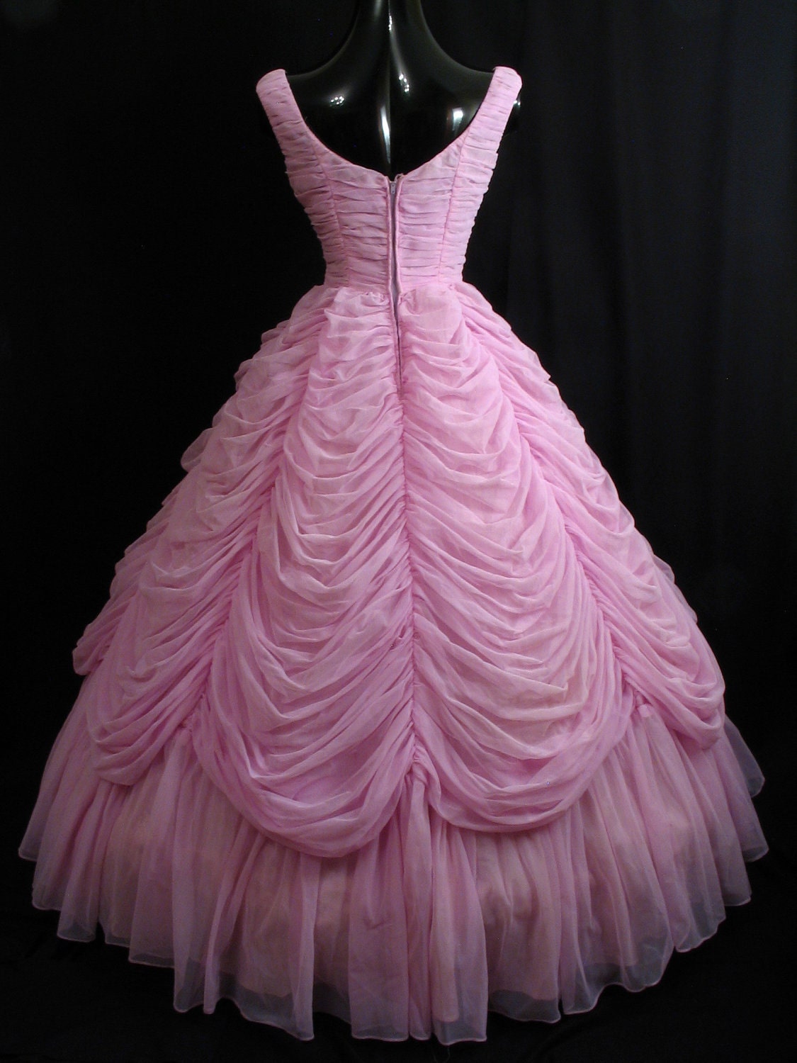 Vintage 1950's 50s Strapless Orchid PINK Lavender Ruched Swags Chiffon Organza Circle Skirt Party Prom Wedding Dress