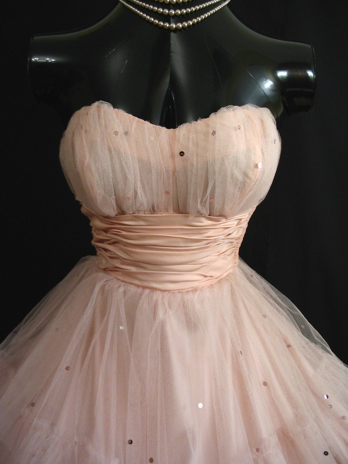 Vintage 50's 50s STRAPLESS Shell Pink Layered Tulle Taffeta Sequins Party PROM Wedding DRESS Gown