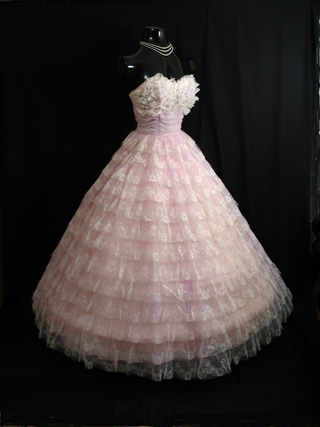 Vintage 1950s 50s Cupcake Strapless Orchid Pink Lavender Tulle Lace Layered Party Prom Wedding Dress Gown