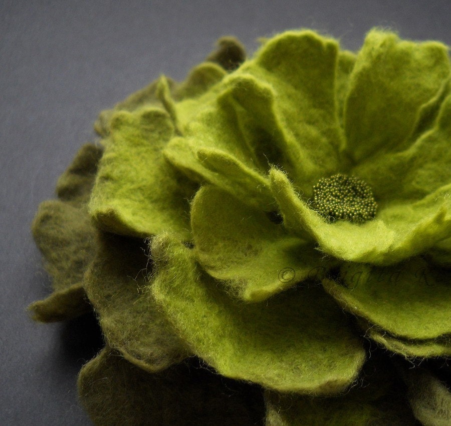 Apple Olive Green Felt Flower Brooch Handmade To Order