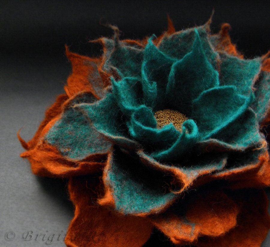 Copper Turquoise Felt Flower Brooch Handmade to Order