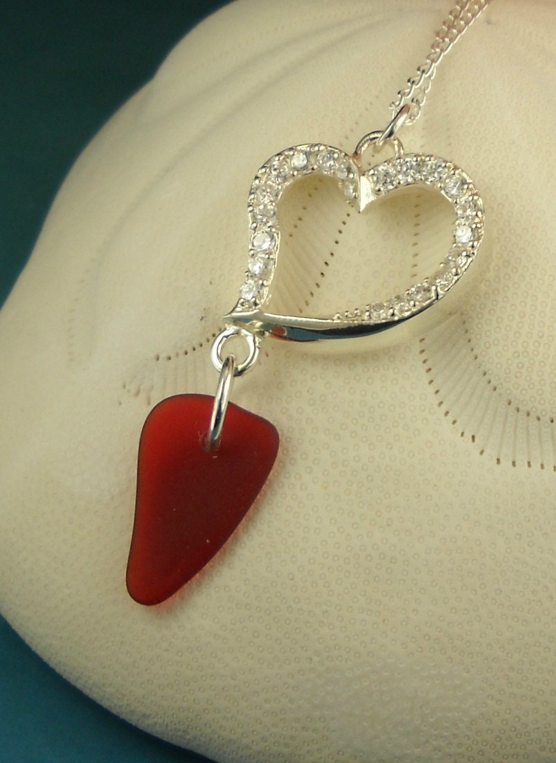 Sea Glass Jewelry Sterling Silver Heart Necklace With GENUINE Rare Red Sea Glass