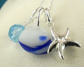 GENUINE Santa Cruz Sea Glass Necklace RARE Blue And White With Starfisfh