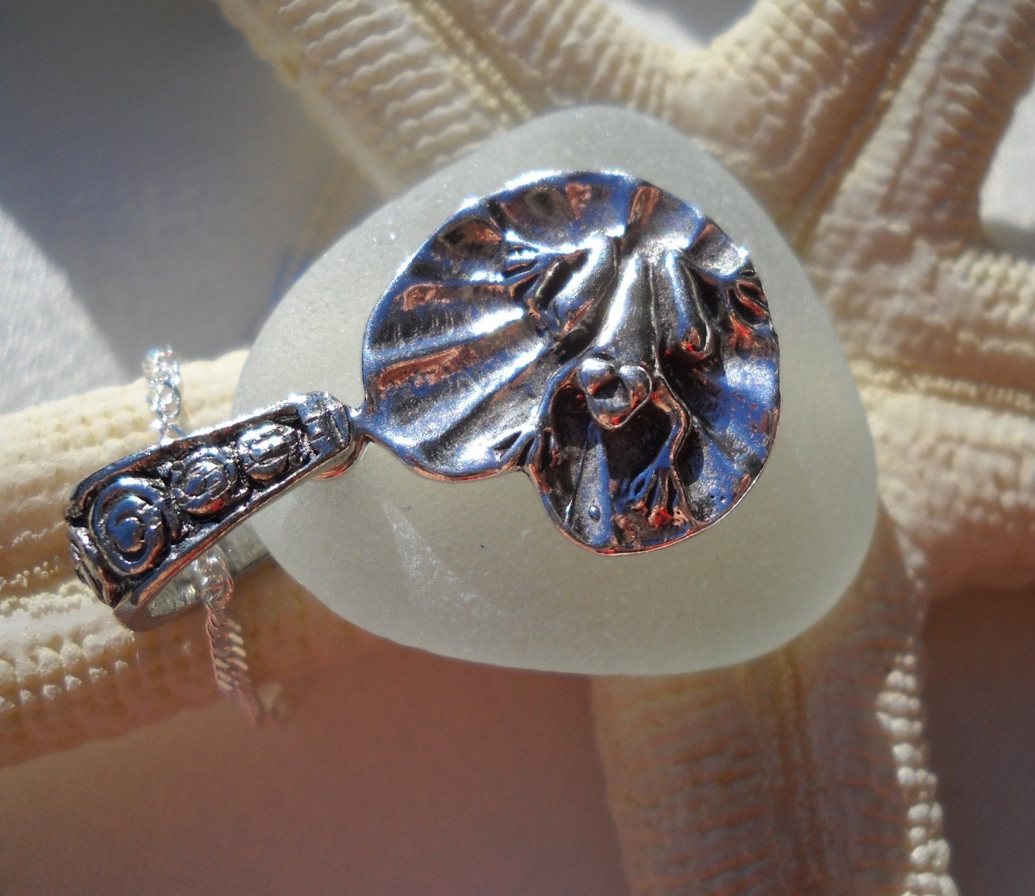 Frog On Lily Pad  Necklace White Sea GlassAnd Sterling