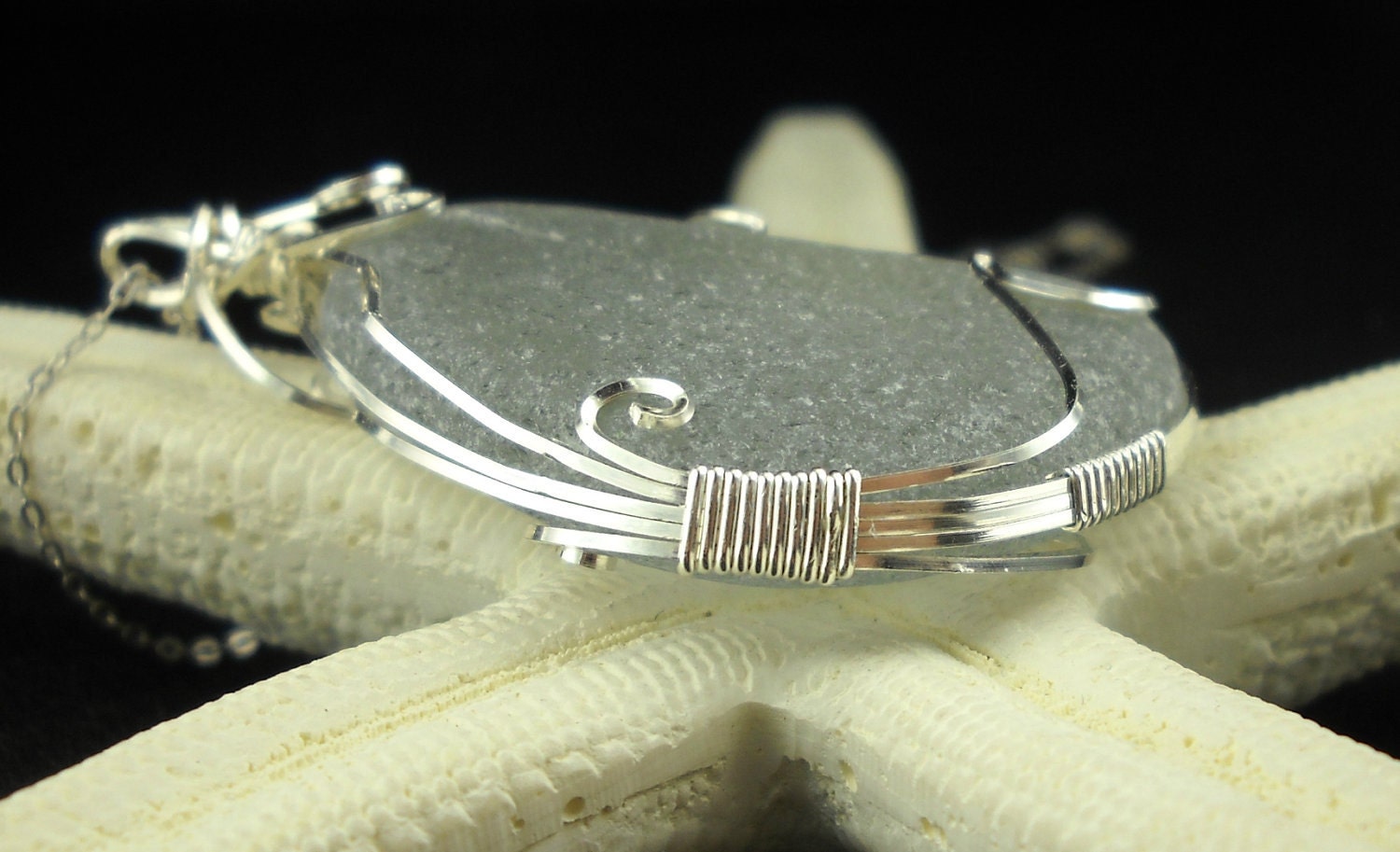 Wire Wrapped Sea Glass Pendant Argentium Silver RARE Gray