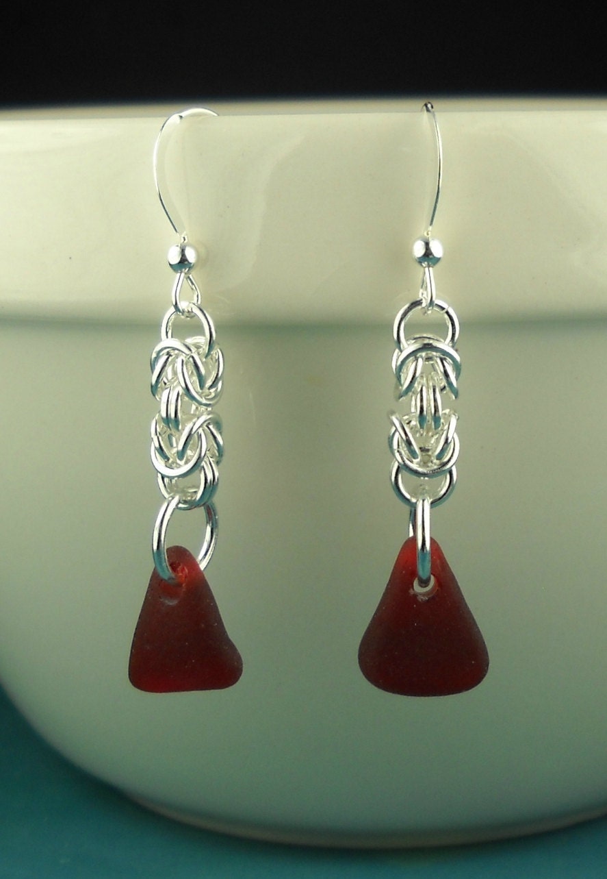 Red Sea Glass Earrings Sterling Silver Chainmaille