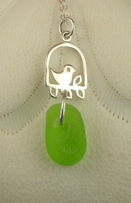 Bird On Perch Sea Glass Necklace Sterling Silver And Rare Lime Green