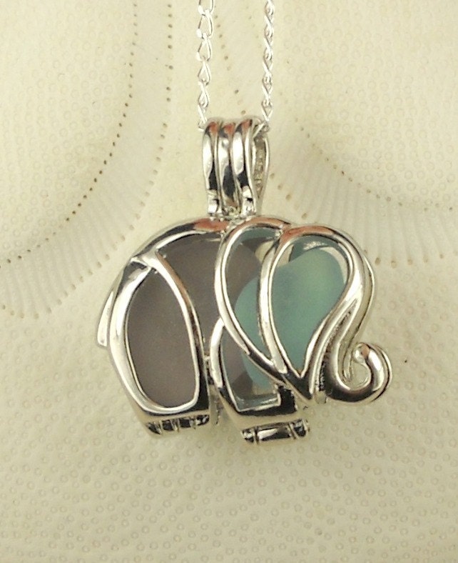 GENUINE Sea Glass Necklace Elephant Locket Amethyst And Aqua