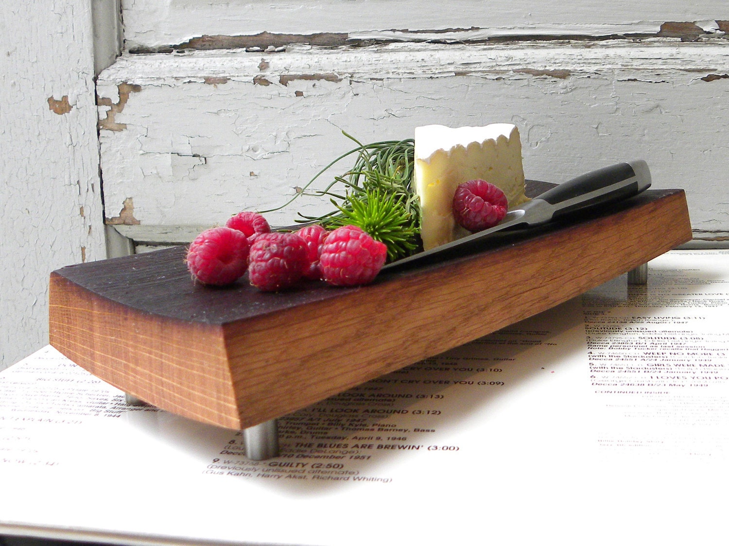 cutting board footed French oak, fruit cheese plate, reclaimed wine barrel. wood platter serving