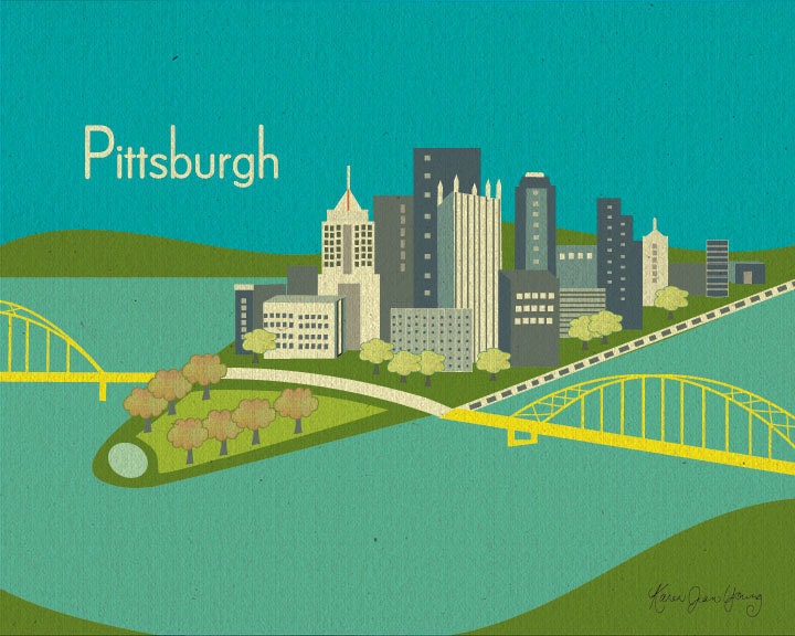 Pittsburgh, PA Skyline 8 x 10  Print - style orange E8-O-PIT1 or style blue E8-O-PIT2 - Wall Art for Home, Office, and Nursery