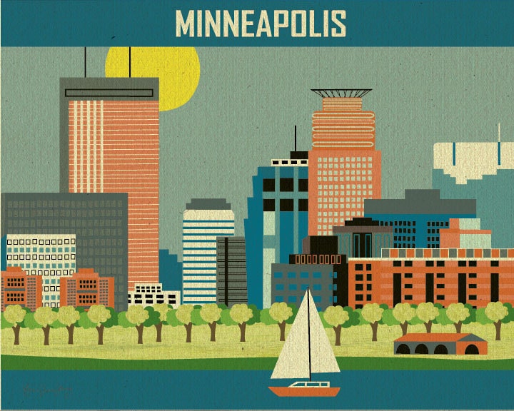 Minneapolis skyline print Horizontal Art Poster Print for Home, Office, and Nursery - style E8-O-MINB