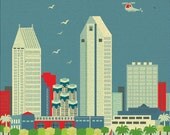 San Diego, California Skyline - Cityscape Art Poster Print for Home, Child's Nursery, and Office Decor - style E8-O-SD