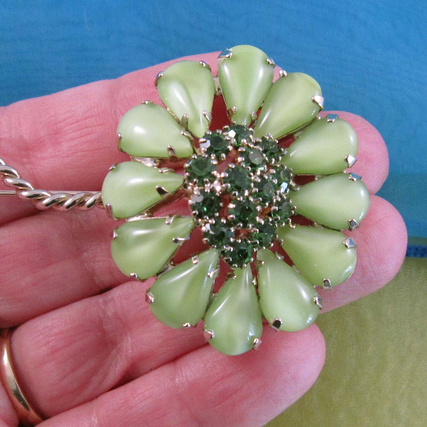 Huge Vintage Green Floral Rhinestone Brooch Pin