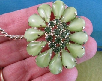 Huge Vintage Green Floral Rhinestone Brooch Pin