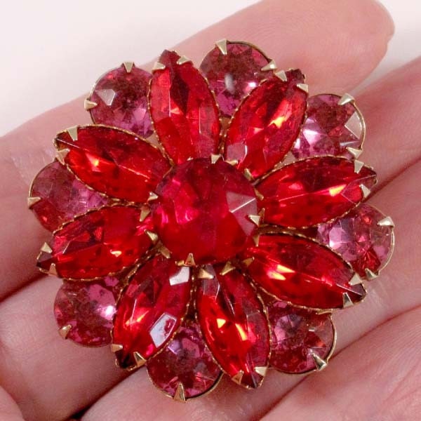 Red Rhinestone Brooch and Earring Set, Vintage Demi Parure