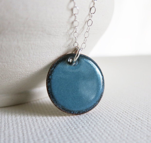 Copper Enameled Pendant Necklace - Aquamarine Green Modern Circle Enamel Jewelry